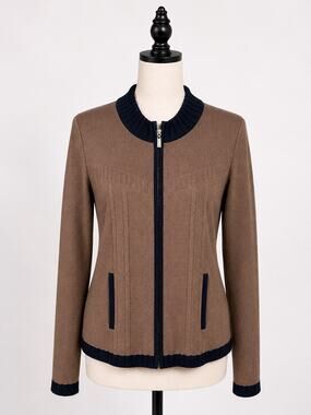 Misook Brown Zip Front Knit Jacket Size Large Shoulder Pads Career Sweater USA